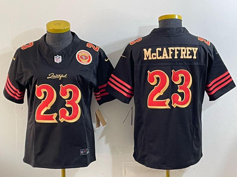 Women 2026 San Francisco 49ers #23 Mccaffrey Black gold Nike Limited NFL Jersey style 08